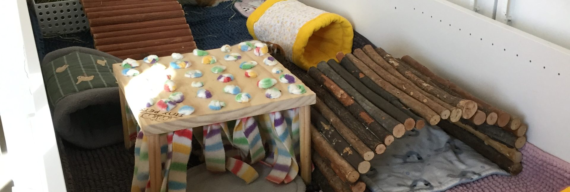 A Guinea pig cage made out of an IKEA book shelf, there is a variety of fleece goodies in the cage.