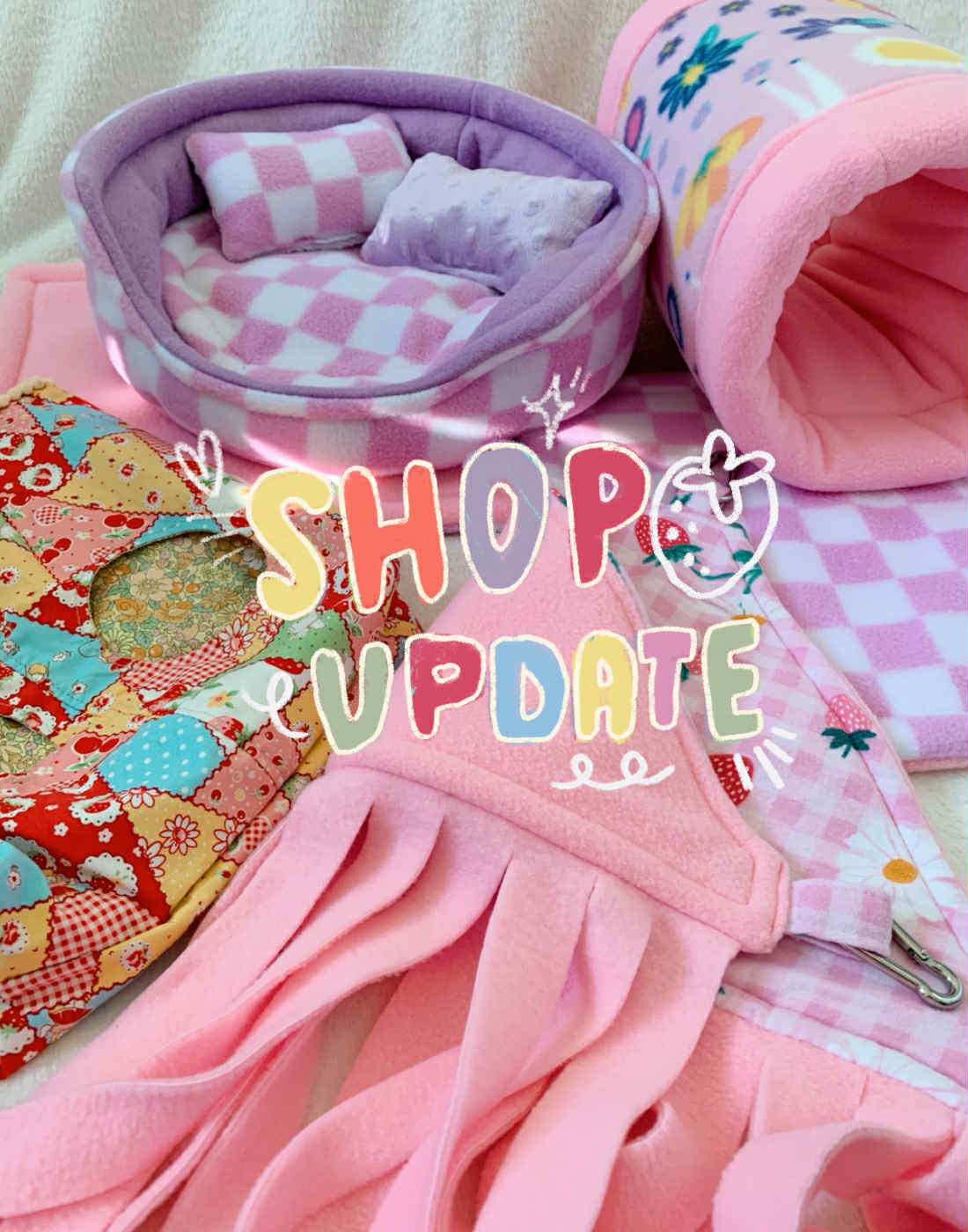 A collection of handmade fleece accessories for guinea pigs, including cozy beds, tunnels, and cuddle cups in colorful fabrics.